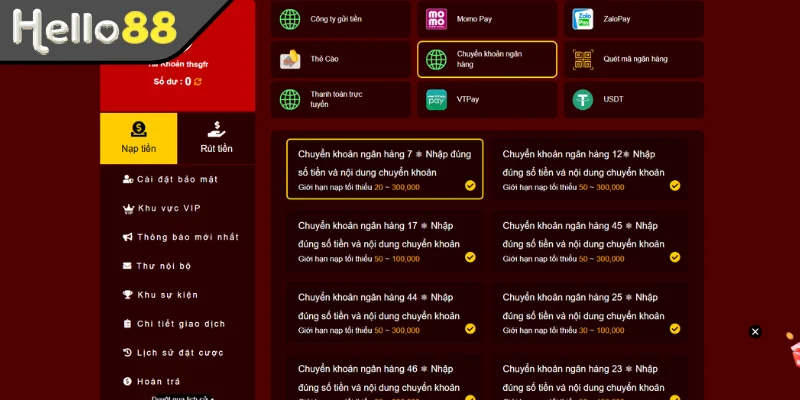 Nạp tiền Hello88 qua ngân hàng